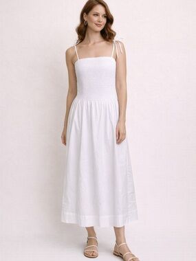 ASTR The Label White Smocked Midi Dress Cotton Pockets Lined L NWT